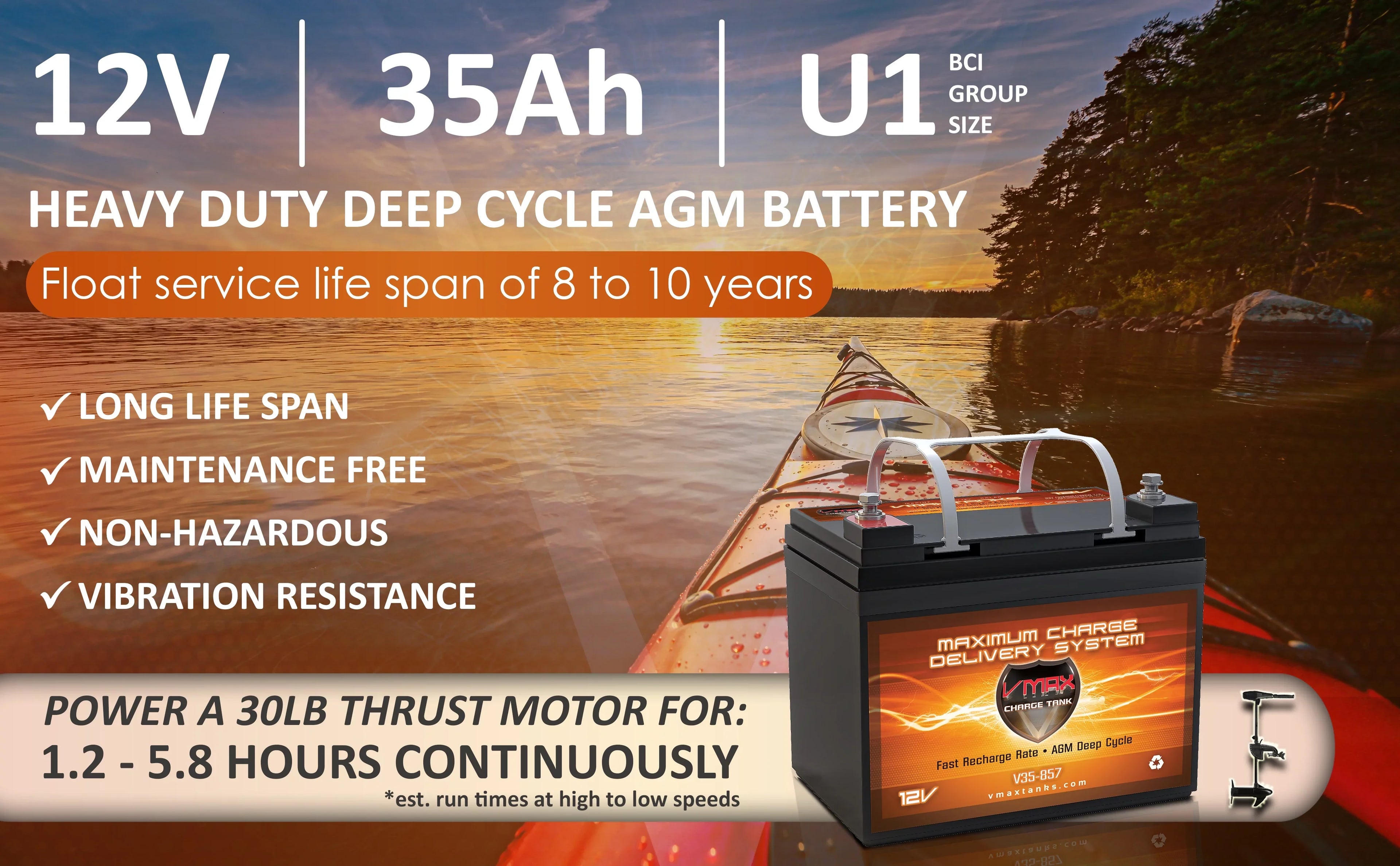 Battery for Motorguide Bulldog 40 Trolling Motor Vmaxtanks -857 12V 35AH