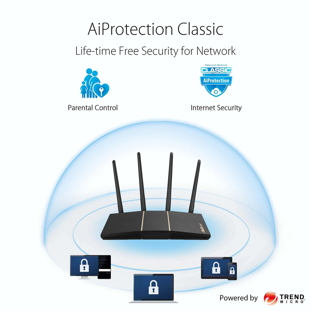 WiFi 6 Router (-) - Dual Band Gigabit Wireless Internet Router, Gaming & Streaming, AiMesh Compatible, Included Lifetime Internet Security, Parental Control, -,