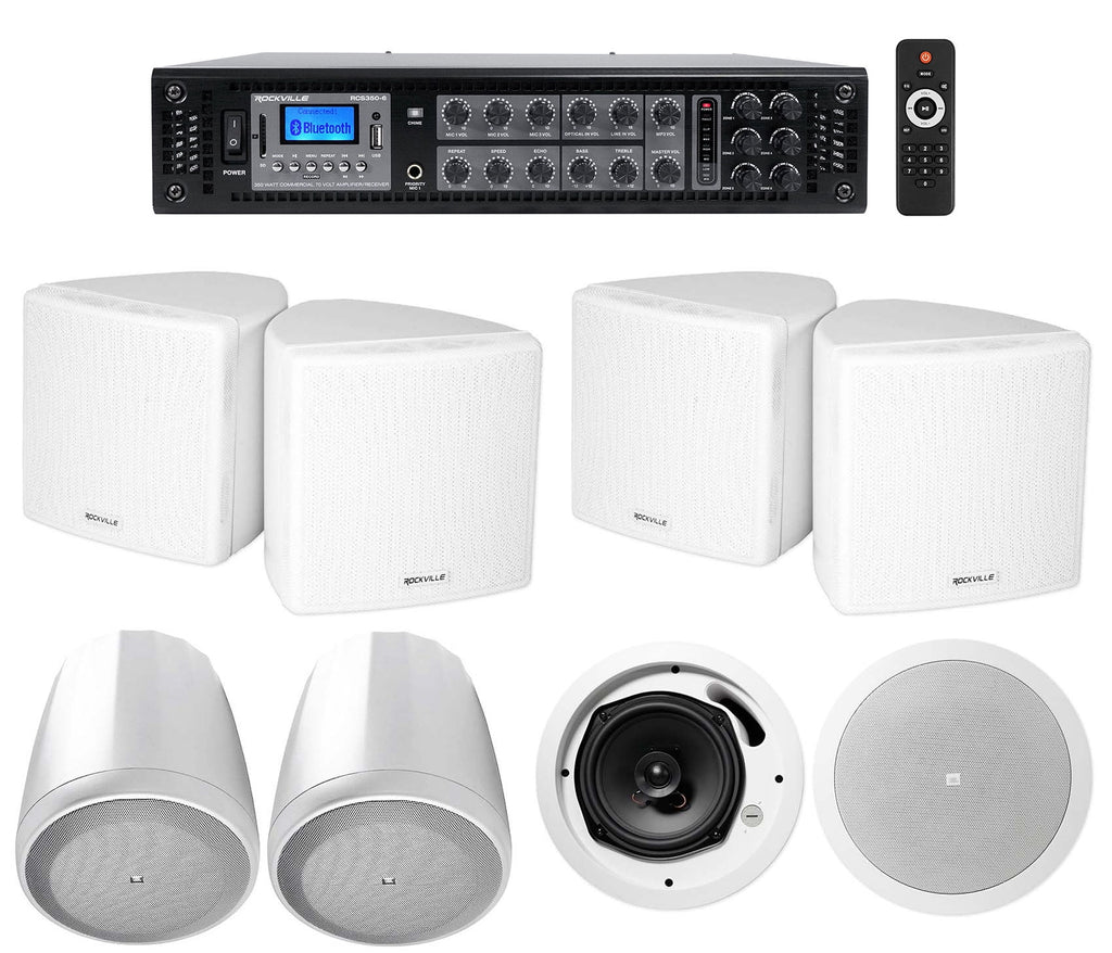 6-Zone Amp+4) 3.5" White Cube+2)  Pendant+Ceiling Speakers for Restaurant/Bar