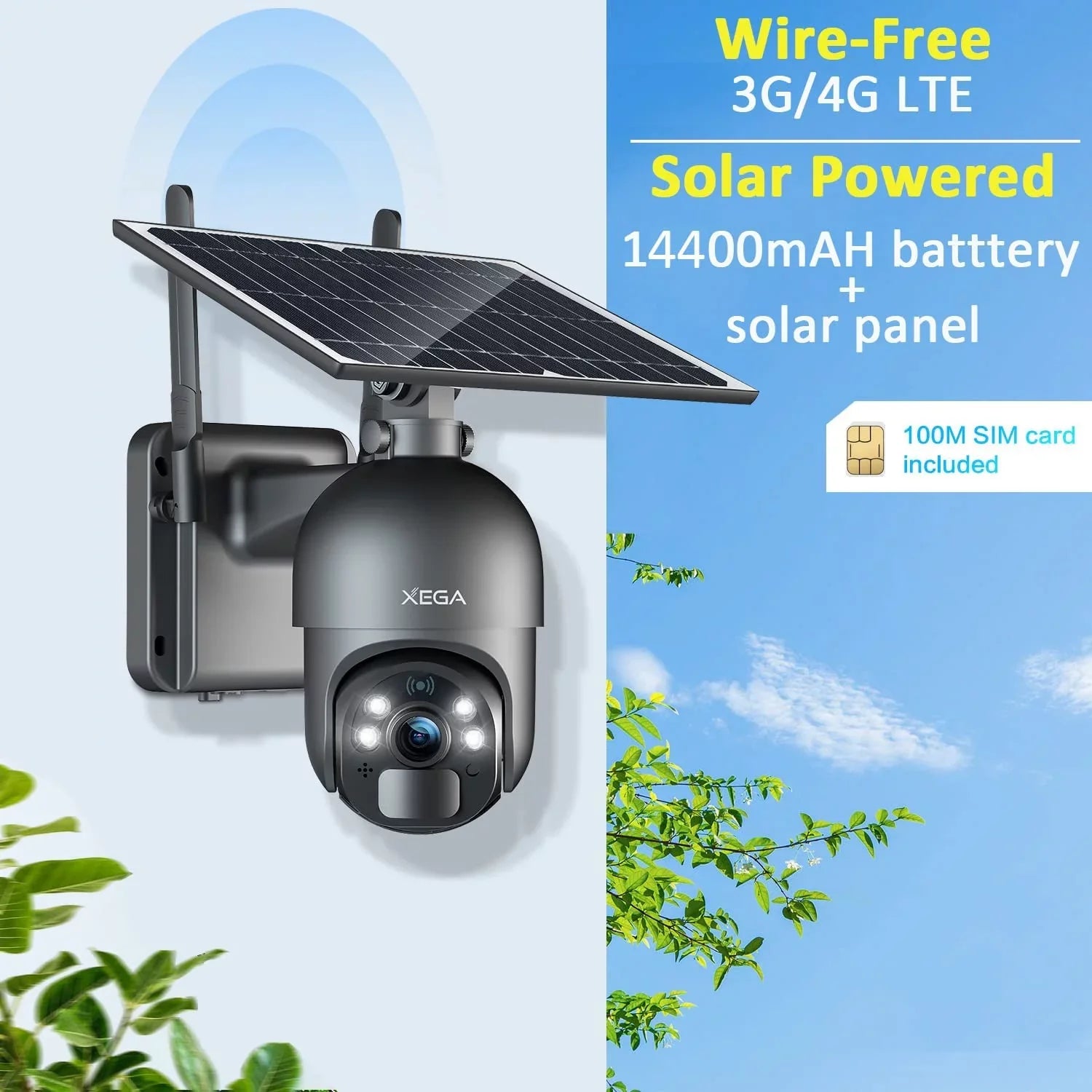 Xega 2K Outdoor 3G/4G  Cellular Solar/Battery Power Wireless Security Camera with  Card, 14400mAh Rechargeable Battery, 4X Zoom, 355° Pan 95° Tilt, Night Vision, 2-Way Talk, , No Wifi Need