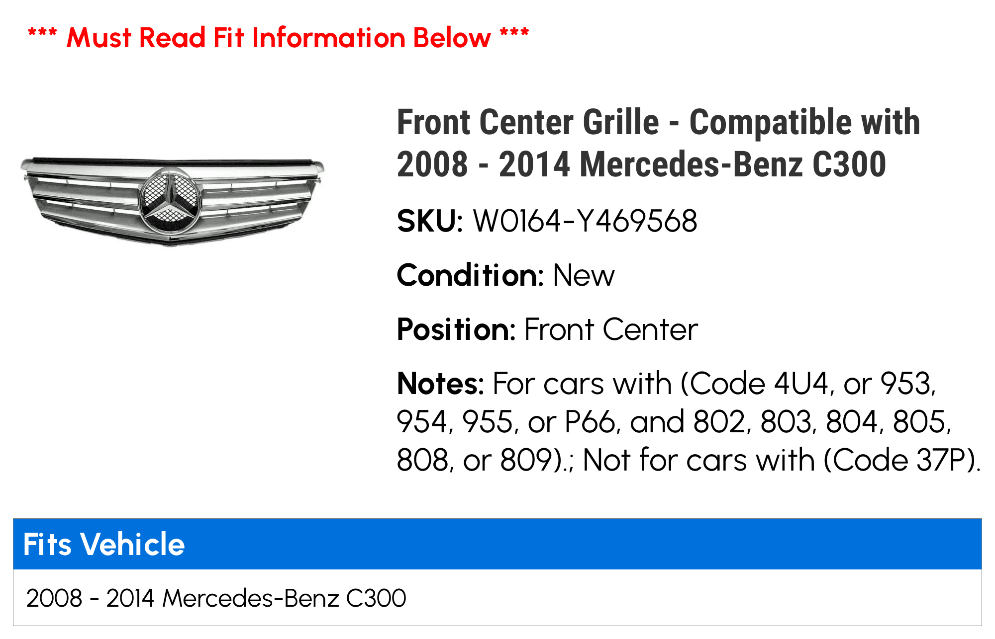 Front Center Grille - Compatible with 2008 - 2014 Mercedes-Benz  2009 2010 2011 2012 2013