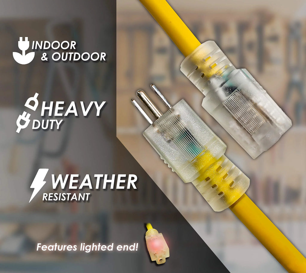 LifeSupplyUSA 100 ft Yellow Extension Cord - Durable Outdoor & Indoor Use, 16 Gauge, 3 Prong, Lighted, Flexible, Oil & Abrasion Resistant, 10 , 125V, 1250W, Smart Plug Compatible.
