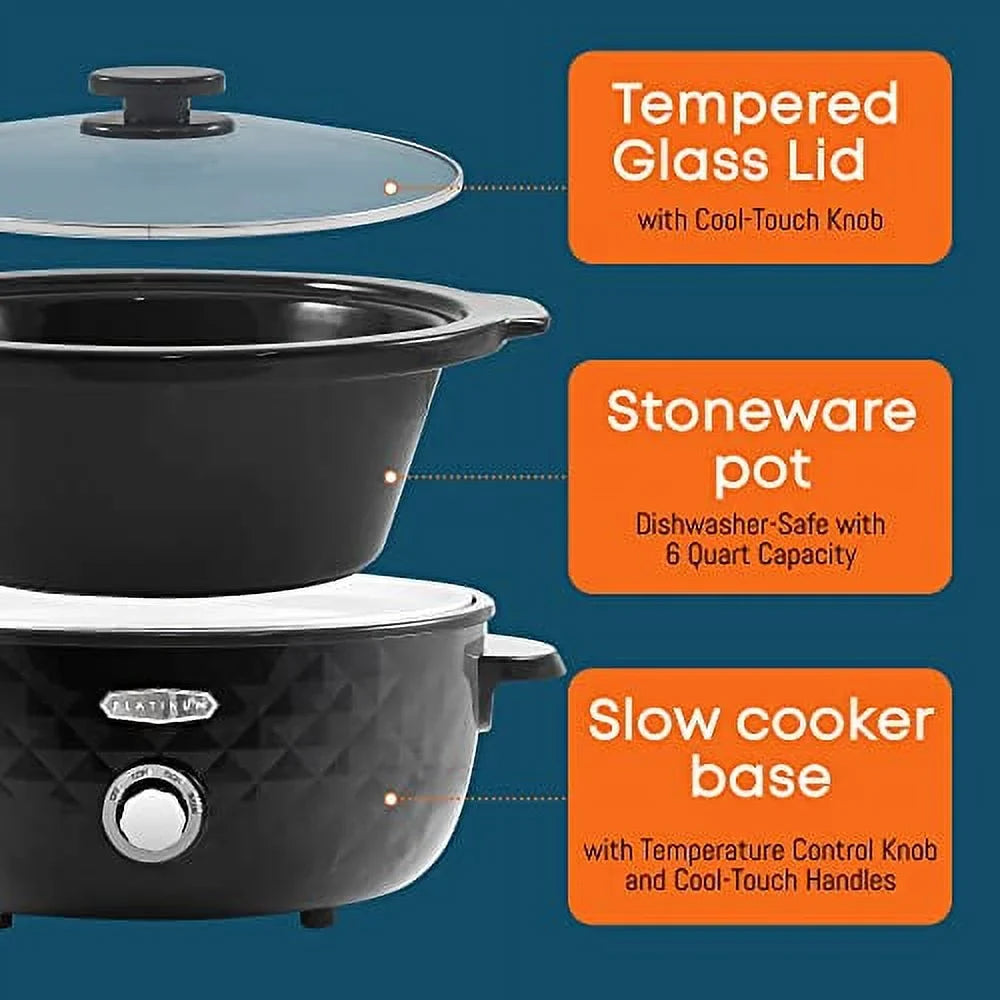 Elite Gourmet # Diamond Pattern Slow Cooker Removable, Dishwasher-Safe Stoneware Pot with Tempered Glass Lid, Cool-Touch Handles, 6 Quart, Charcoal Black