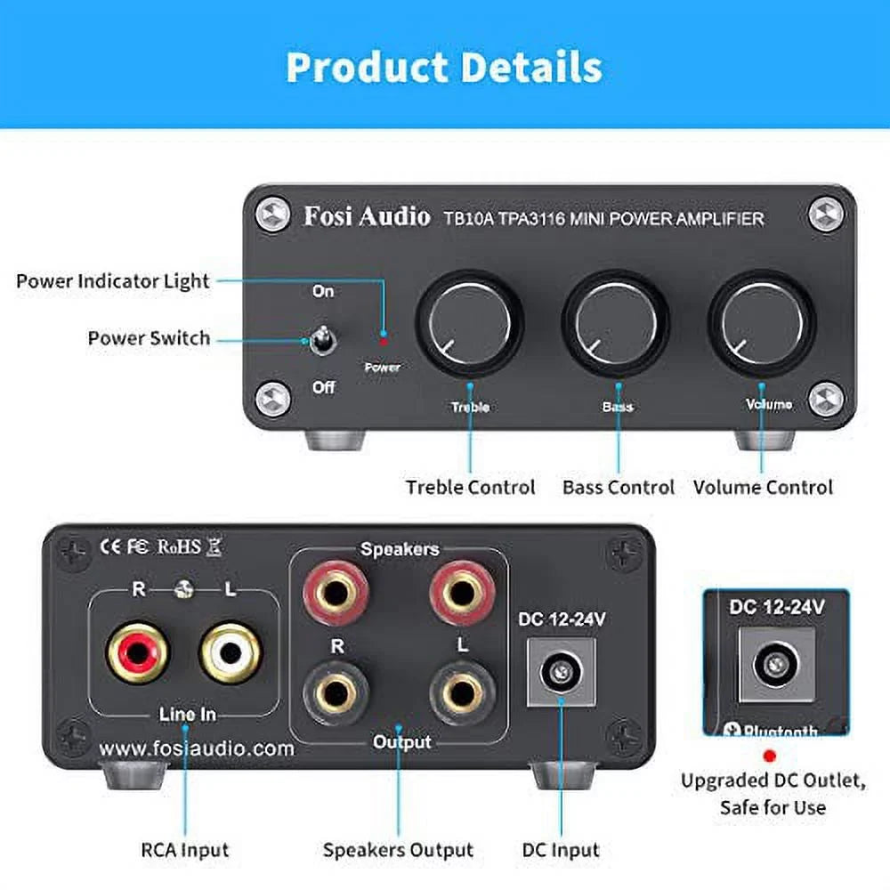 2 Channel Stereo Audio Amplifier Receiver Mini Hi-Fi Class  Integrated Amp 2.0CH for Home Speakers 100W x 2 with Bass and Treble Control (with Power Supply) - Fosi Audio