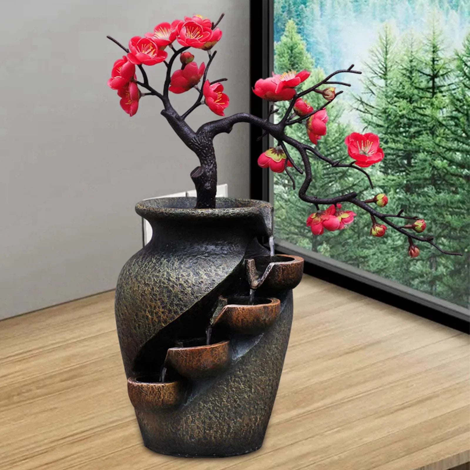 Creative Simulation VaseThree-dimensional Tabletop Water Fountain Soothing Relaxation Flower Vase Craft Feng Shui Waterfall Fountains for Garden Office Living room Desk Decor Gifts